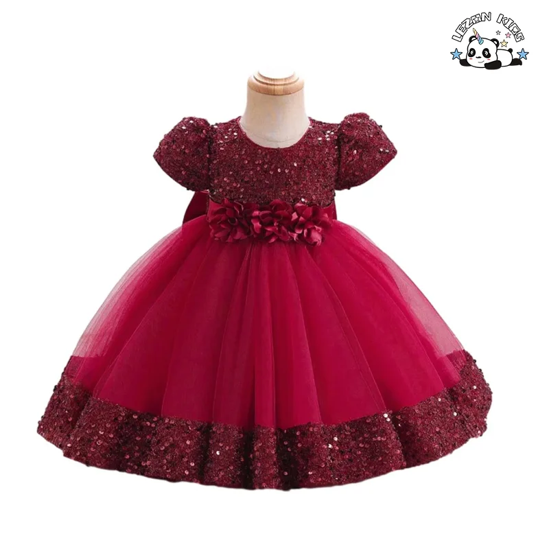 LEZONKIDS - Kids Tulle Dress Puff Short Sleeve Sequins Birthday Party Dress Flower Waistband Ball Gown Wedding Flower Girl Dress